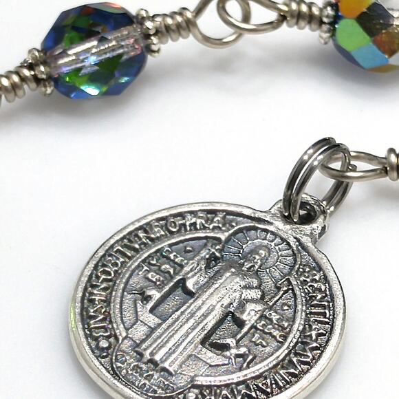 St. Benedict Silver AB Czech Bead Handmade One Decade Rosary - Picture 6 of 10